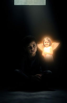 A boy sitting in a dark room, surrounded by shadows, with a solemn expression on his face