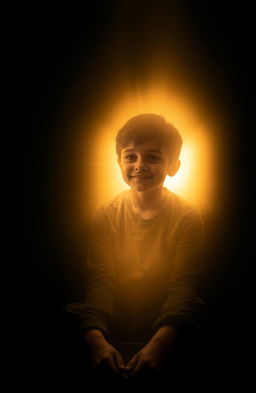 A boy sitting in a dark room, surrounded by shadows, with a solemn expression on his face