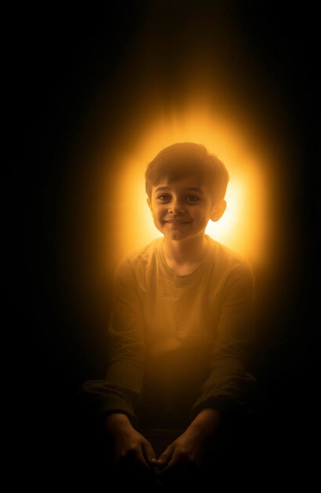 A boy sitting in a dark room, surrounded by shadows, with a solemn expression on his face