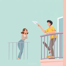 A digital artwork depicting a young man and woman on adjacent balconies, set against a soft teal background that creates a peaceful ambiance