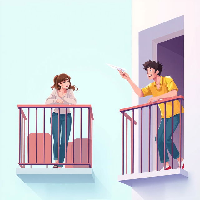 A digital artwork depicting a young man and woman on adjacent balconies, set against a soft teal background that creates a peaceful ambiance