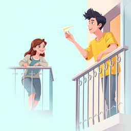 A digital artwork depicting a young man and woman on adjacent balconies, set against a soft teal background that creates a peaceful ambiance