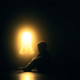 A boy sitting alone in a dark room, enveloped in shadows, with a pensive look as he gazes into the void