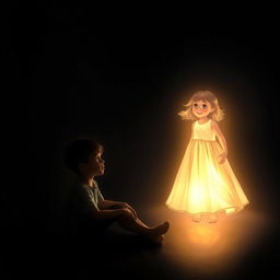A boy sitting alone in a dark room, enveloped in shadows, with a pensive look as he gazes into the void