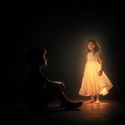 A boy sitting alone in a dark room, enveloped in shadows, with a pensive look as he gazes into the void