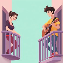 A digital artwork illustrating a young man and woman on adjacent balconies, set against a soft teal background that conveys tranquility