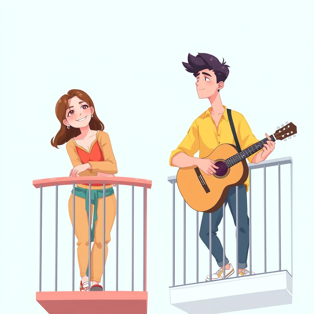 A digital artwork illustrating a young man and woman on adjacent balconies, set against a soft teal background that conveys tranquility