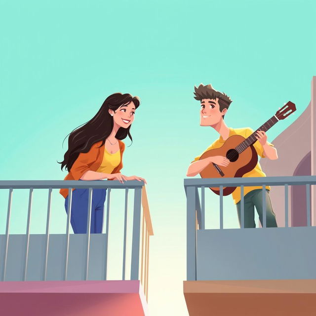 A digital artwork illustrating a young man and woman on adjacent balconies, set against a soft teal background that conveys tranquility