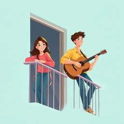 A digital artwork illustrating a young man and woman on adjacent balconies, set against a soft teal background that conveys tranquility