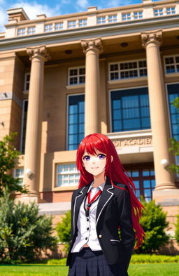 A grand academy building in the background, showcasing impressive architecture with towering pillars and large windows