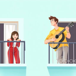 A digital artwork featuring a young man and woman on adjacent balconies, set against a soft teal background that evokes a sense of calm