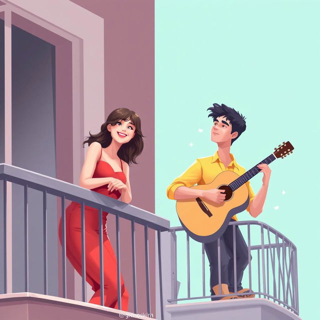 A digital artwork featuring a young man and woman on adjacent balconies, set against a soft teal background that evokes a sense of calm