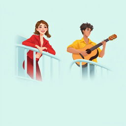 A digital artwork featuring a young man and woman on adjacent balconies, set against a soft teal background that evokes a sense of calm