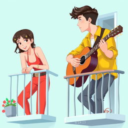 A digital artwork featuring a young man and woman on adjacent balconies, set against a soft teal background that evokes a sense of calm