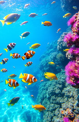 A vibrant, colorful underwater scene showcasing a variety of tropical fish swimming gracefully amidst coral reefs