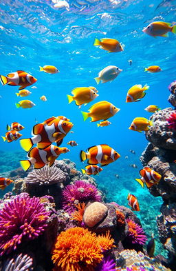 A vibrant, colorful underwater scene showcasing a variety of tropical fish swimming gracefully amidst coral reefs