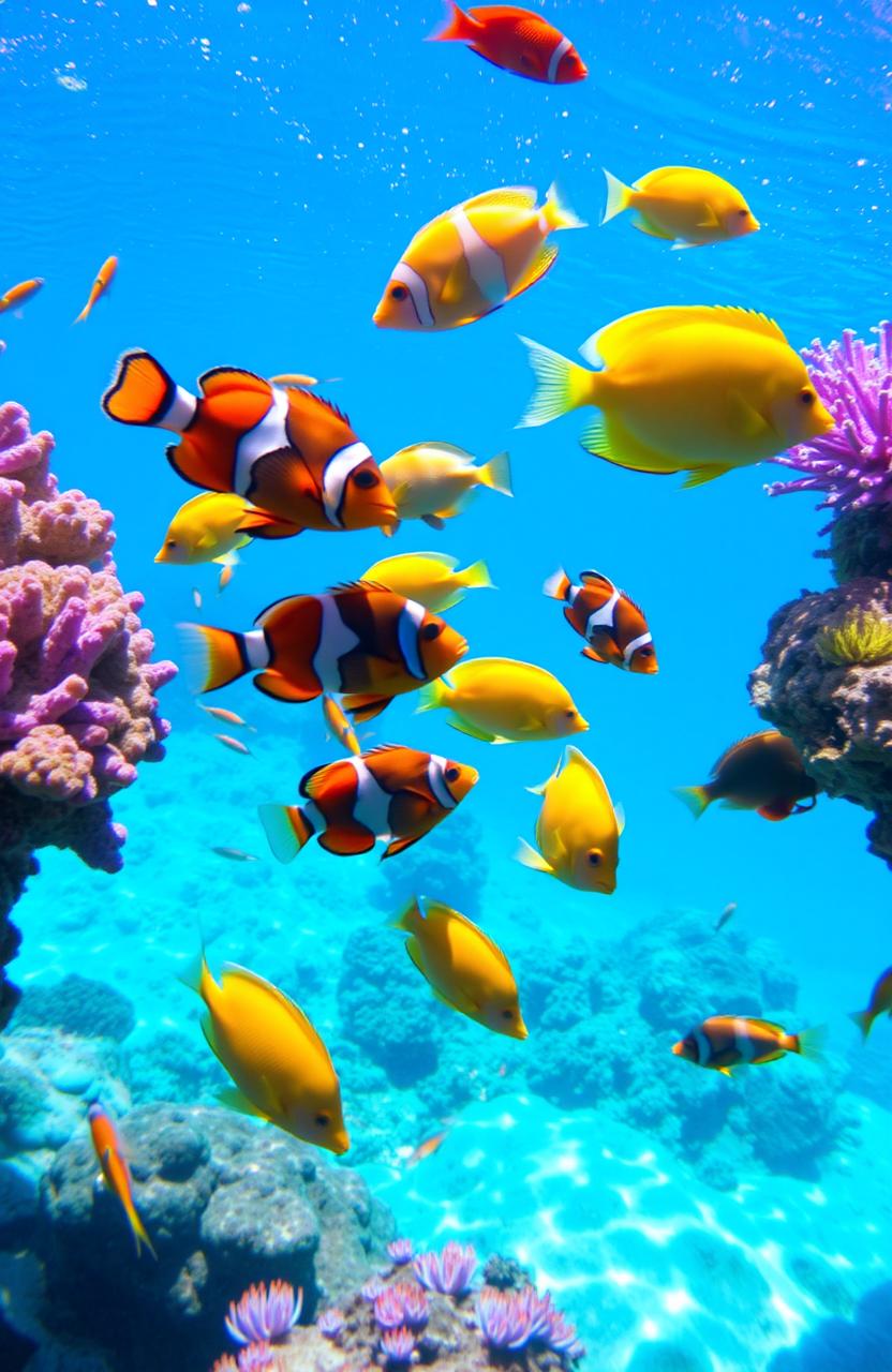 A vibrant, colorful underwater scene showcasing a variety of tropical fish swimming gracefully amidst coral reefs