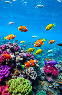 A vibrant, colorful underwater scene showcasing a variety of tropical fish swimming gracefully amidst coral reefs