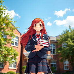 A vibrant and lively scene featuring a girl with long, flowing red hair, wearing a stylish school uniform with a blazer and a plaid skirt