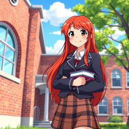 A vibrant and lively scene featuring a girl with long, flowing red hair, wearing a stylish school uniform with a blazer and a plaid skirt