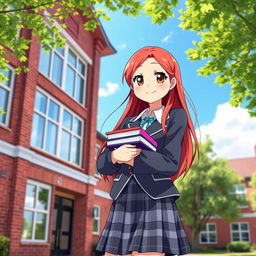 A vibrant and lively scene featuring a girl with long, flowing red hair, wearing a stylish school uniform with a blazer and a plaid skirt