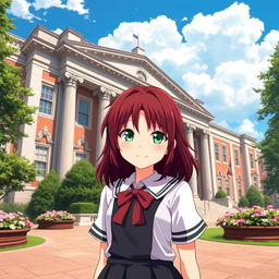 A captivating scene featuring a girl with dark red hair, cascading down her shoulders, and striking green eyes