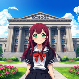 A captivating scene featuring a girl with dark red hair, cascading down her shoulders, and striking green eyes