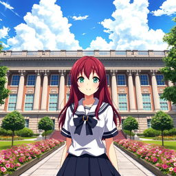 A captivating scene featuring a girl with dark red hair, cascading down her shoulders, and striking green eyes