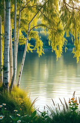 A picturesque lakeside scene featuring a serene birchwood surrounded by lush greenery, softly reflecting on the calm surface of the water