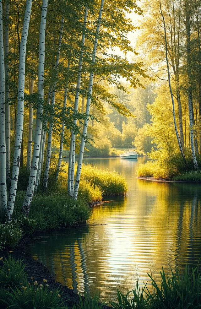 A picturesque lakeside scene featuring a serene birchwood surrounded by lush greenery, softly reflecting on the calm surface of the water