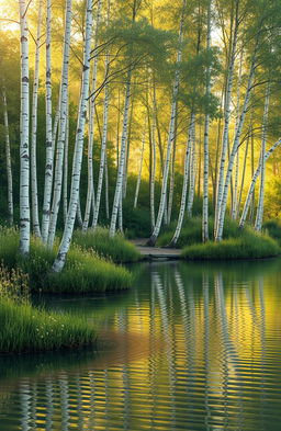 A picturesque lakeside scene featuring a serene birchwood surrounded by lush greenery, softly reflecting on the calm surface of the water