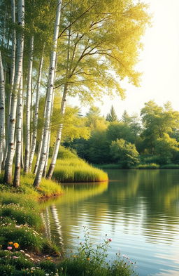 A picturesque lakeside scene featuring a serene birchwood surrounded by lush greenery, softly reflecting on the calm surface of the water
