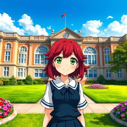 A realistic scene featuring a girl with dark red hair, styled in loose waves, and striking green eyes