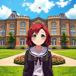 A realistic scene featuring a girl with dark red hair, styled in loose waves, and striking green eyes