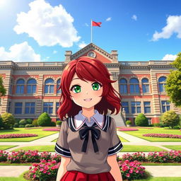 A realistic scene featuring a girl with dark red hair, styled in loose waves, and striking green eyes