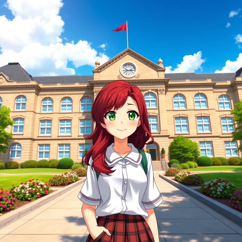 A realistic scene featuring a girl with dark red hair, styled in loose waves, and striking green eyes