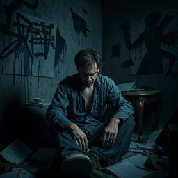 A portrayal of a mentally disturbed individual, sitting in a dimly lit room with disheveled clothing and a vacant expression
