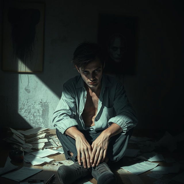 A portrayal of a mentally disturbed individual, sitting in a dimly lit room with disheveled clothing and a vacant expression