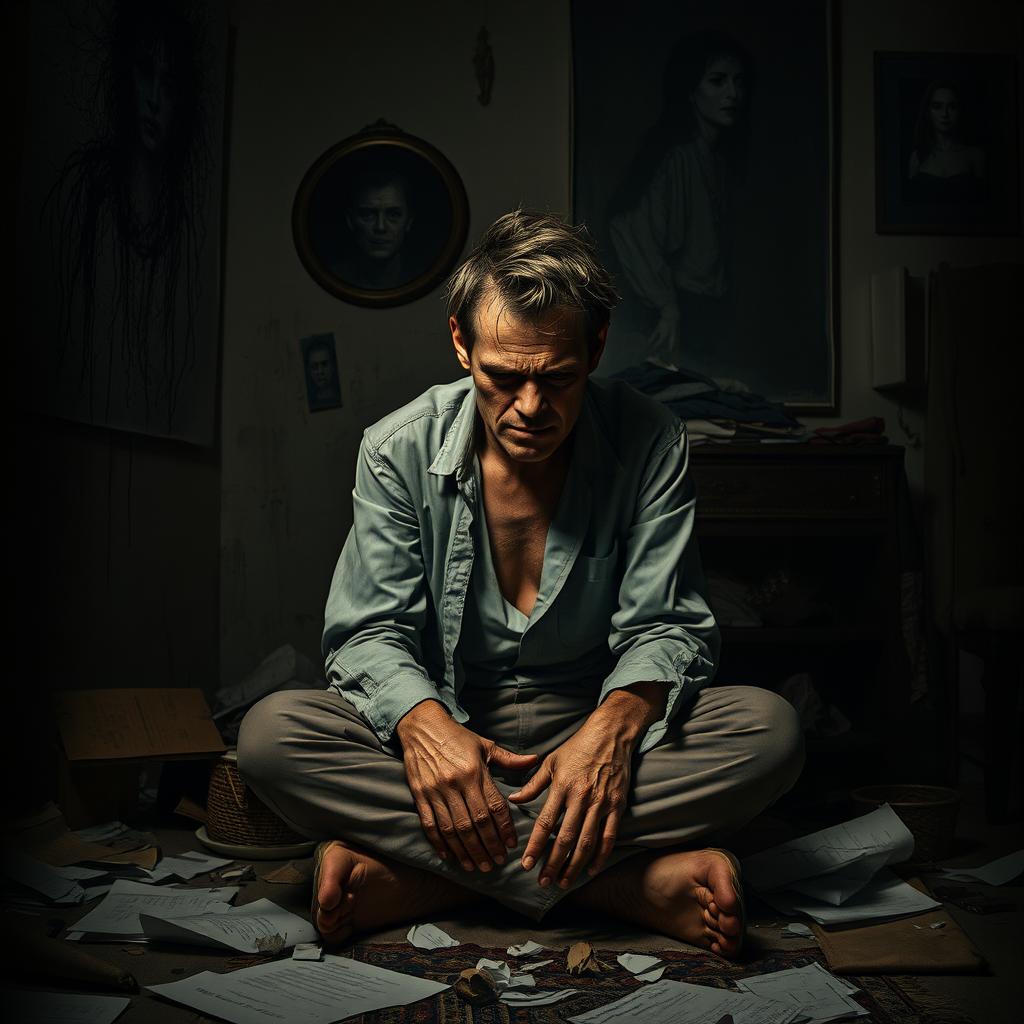 A portrayal of a mentally disturbed individual, sitting in a dimly lit room with disheveled clothing and a vacant expression