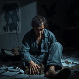 A portrayal of a mentally disturbed individual, sitting in a dimly lit room with disheveled clothing and a vacant expression