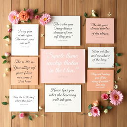 A beautifully arranged collection of inspiring and motivational quotes displayed artistically on a wooden background, featuring quotes in elegant typography with floral and nature-themed decorations around the edges