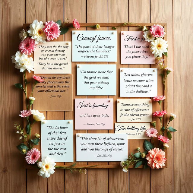 A beautifully arranged collection of inspiring and motivational quotes displayed artistically on a wooden background, featuring quotes in elegant typography with floral and nature-themed decorations around the edges