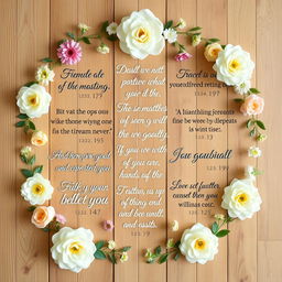 A beautifully arranged collection of inspiring and motivational quotes displayed artistically on a wooden background, featuring quotes in elegant typography with floral and nature-themed decorations around the edges