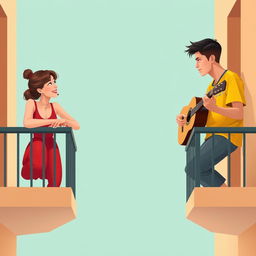 A digital artwork showcasing a young man and woman in adjacent opposite balconies, with a significant space between the two balconies, all set against a soft teal background that invokes tranquility