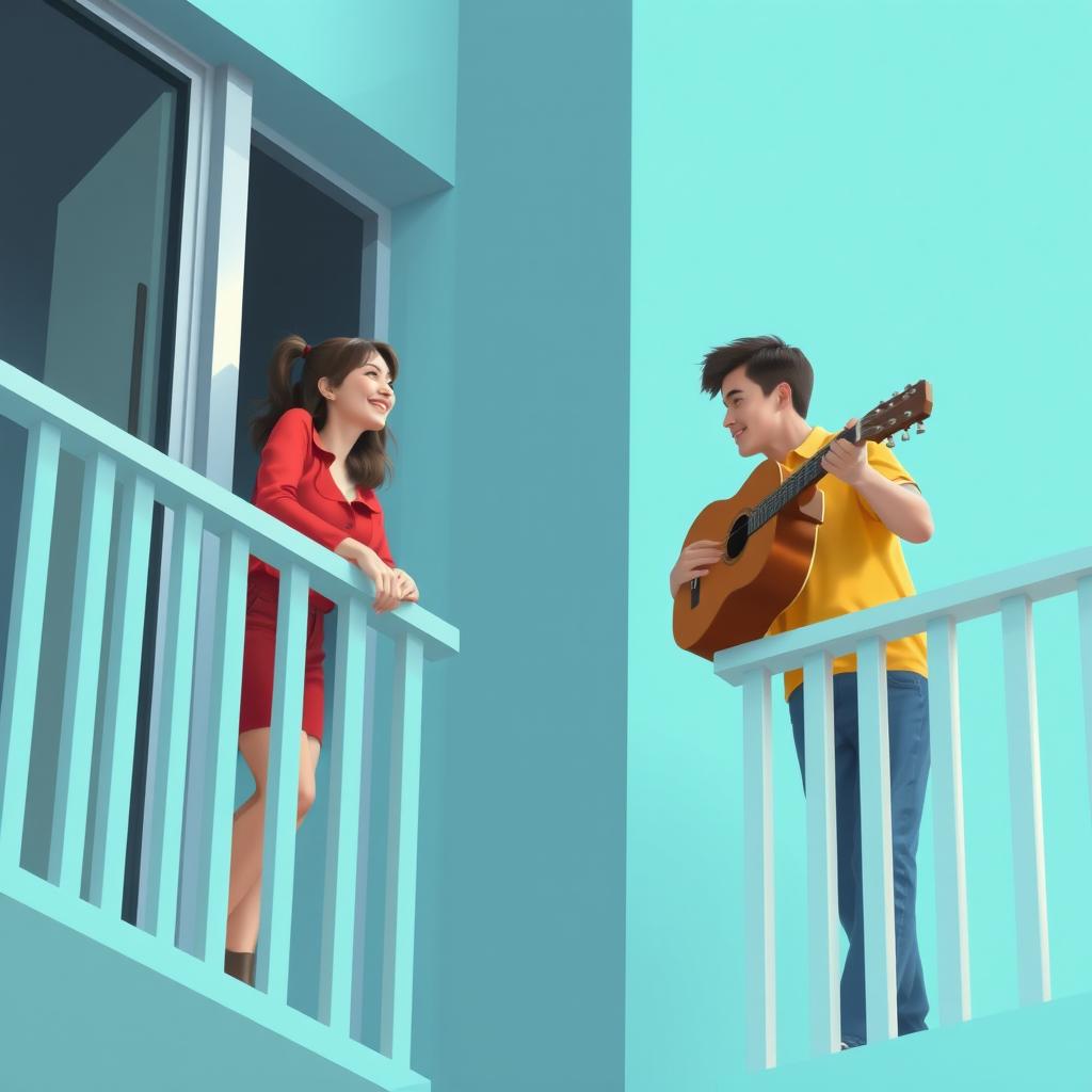 A digital artwork showcasing a young man and woman in adjacent opposite balconies, with a significant space between the two balconies, all set against a soft teal background that invokes tranquility