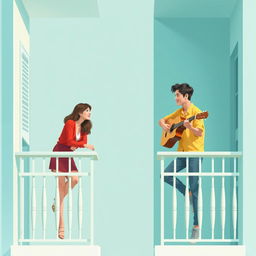 A digital artwork showcasing a young man and woman in adjacent opposite balconies, with a significant space between the two balconies, all set against a soft teal background that invokes tranquility