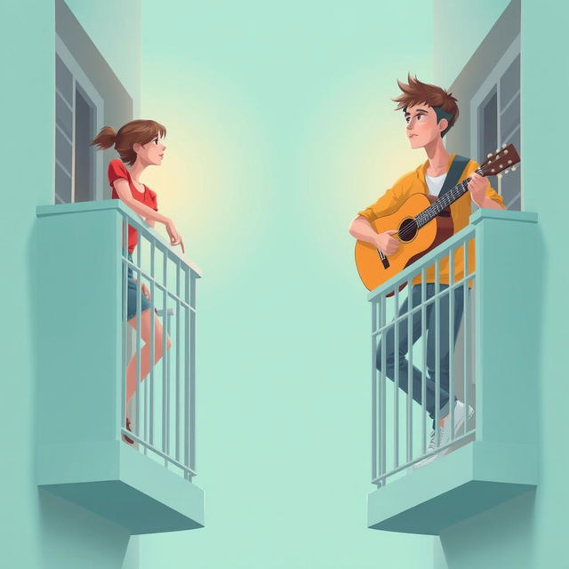 A digital artwork showcasing a young man and woman in adjacent opposite balconies, with a significant space between the two balconies, all set against a soft teal background that invokes tranquility