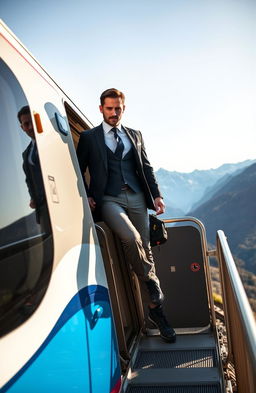 A man confidently descending from a high-speed train, wearing a sharp suit on the upper part and rugged hiking gear on the lower half