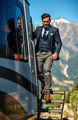 A man confidently descending from a high-speed train, wearing a sharp suit on the upper part and rugged hiking gear on the lower half