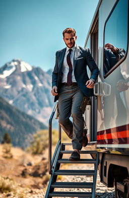 A man confidently descending from a high-speed train, wearing a sharp suit on the upper part and rugged hiking gear on the lower half